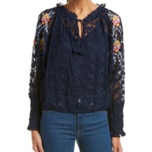 Free People Navy Blue Lace Floral Women's Top